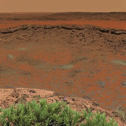 Prompt: Prehistoric Martian landscape, greenery, ocean scene, iron-rich soil on Mars