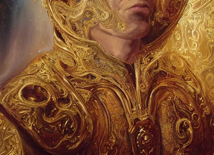 Image similar to kneeling before the pope, royal robe, gold trim, close - up, light effect, hyper detailed, intricate, atmospheric, elegant, photorealistic by paul lehr, marco mazzoni, featured on cgsociety, rococo, whimsical, artstation