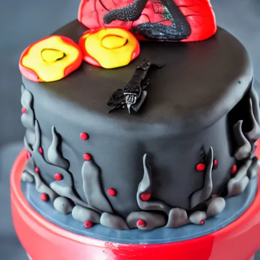 Prompt: edible lifelike Black Widow birthday cake, food photography