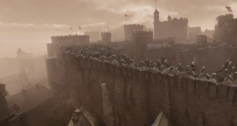 Image similar to ten medieval soldiers atop a castle wall looking over a vast medieval kingdom rule by an evil king. the soldier is ready for battle. it is a somber morning. death is close. prepare for battle. mist, epic, cinematic, volumetric lighting, symmetry, fantasy style, highly - detailed, unreal 5, realism
