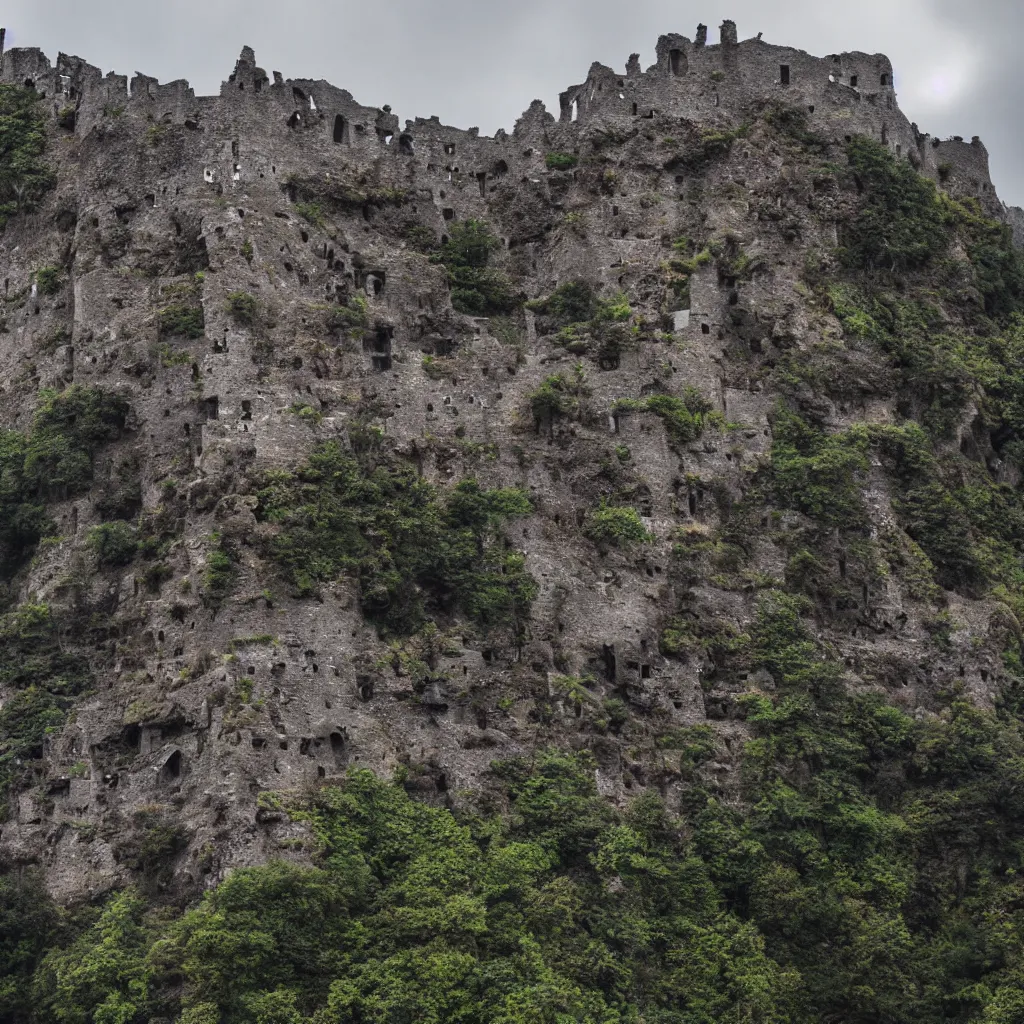 Image similar to photograph, a ruined castle on top of a big mountain, the photo was taken from very far away below the castke looking up at it, there are no other mountains around it, there is only sky in the background, day time, ambient lighting, exteme far up, ultra high detail, 8 k