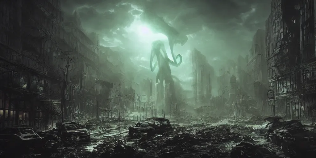 Image similar to cthulhu destroying a post apocalyptic city, dark, trending on artstation, digital art, fog, sun flare