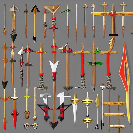 Image similar to arrows, bows, swords, axes, Set of high quality HD sprites, low poly, -H 800 -W 800