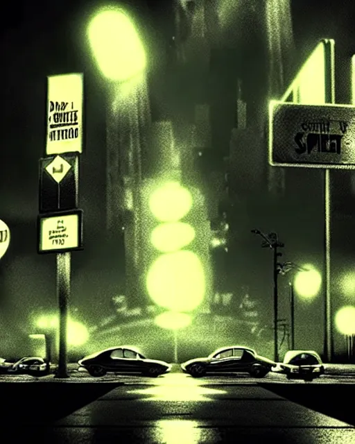 Image similar to hyper-realistic scene from sin city 2, dark city streets with cars and people in the distance, glowing lights, low key, 8k, trending on twitter