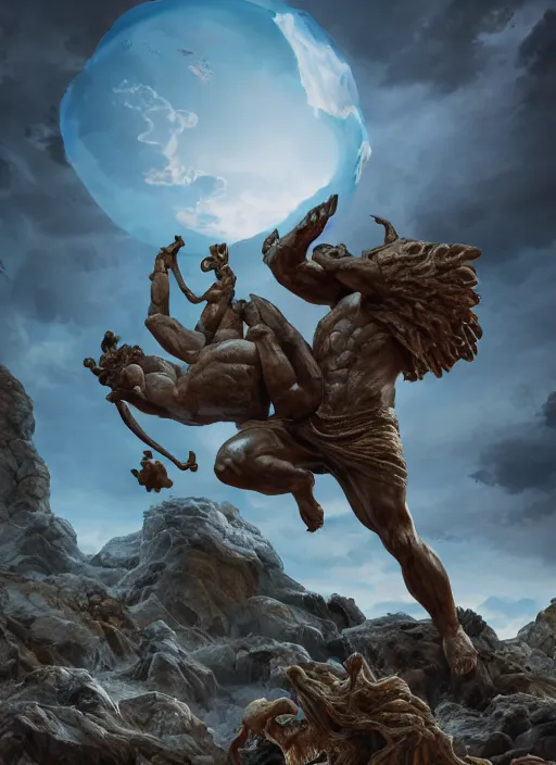 Image similar to An epic fantastic realism comic book style painting of a polished stone sculpture of ancient gods battling over the Earth, fisheye lens, unreal 5, DAZ, hyperrealistic, octane render, dynamic lighting