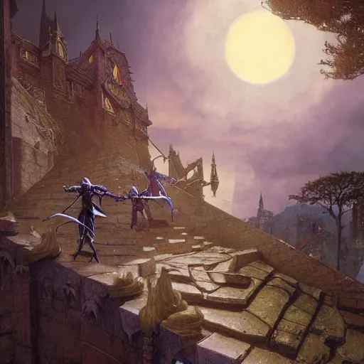 Image similar to Magic The Gathering art action shot of half elven ninjas scaling battlements in moonlight, drawn by Donato Giancola and Tom Bagshaw, Edmund Leighton, Alphonse Mucha, 4k, volumetric lighting, komorebi, intense battle scene award winning, octane render, hyperrealistic