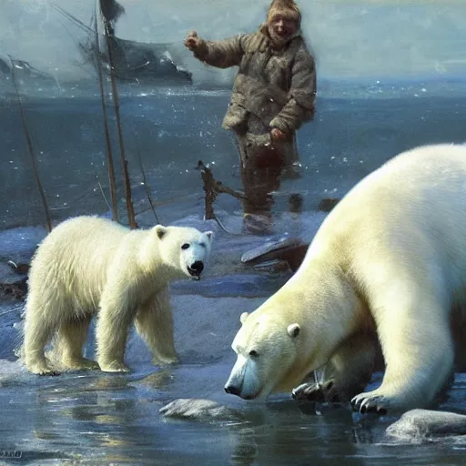 Image similar to scientific oil painting of polar bear catching a fish by anders zorn, wonderful art by greg rutkowski, incredible lighting, shadows, beautiful cinematic light