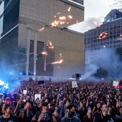 Image similar to 4 k wide angle gigantic army of mark zuckerberg robots during a protest with torch lighting at dusk