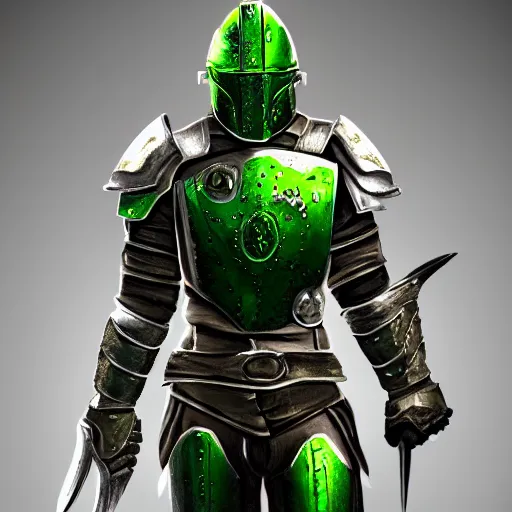 Prompt: Beautiful, Green Steel-Plate, Full-Body Armor, rpg, digital art, skyrim, trending on ArtStation