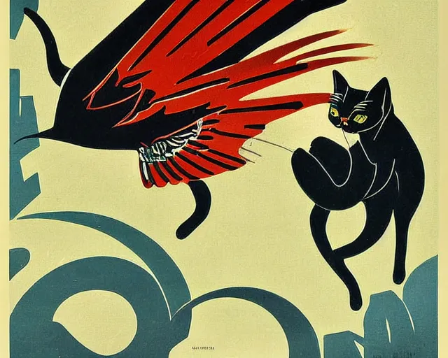 Prompt: vintage art deco animal poster depicting a cat with wings and talons