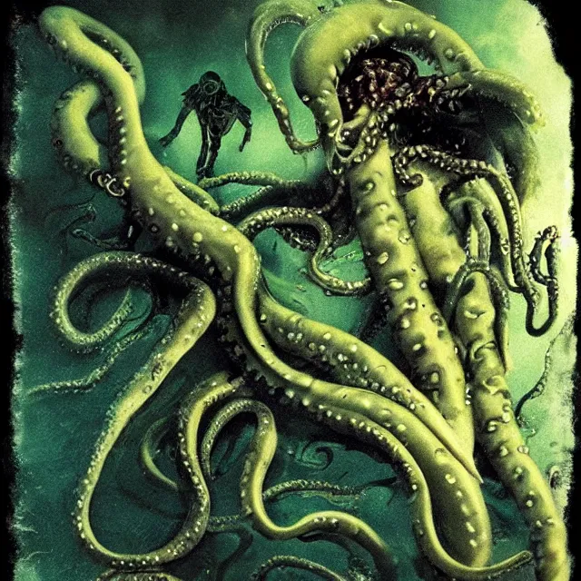 Image similar to phosphorescent skin of the tentacle squid horror, photograph created by del toro + lovecraft + realistic horrors + matte painting + dead souls