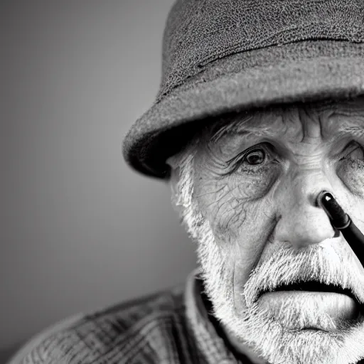 Image similar to close-up of a sad tired old man with a pipe, XF IQ4, 150MP, 50mm, f/1.4, ISO 200, 1/160s, natural light, Adobe Photoshop, Adobe Lightroom, DxO Photolab, Corel PaintShop Pro, rule of thirds, symmetrical balance, depth layering, polarizing filter, Sense of Depth, AI enhanced