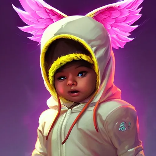 Image similar to baby Angel cherub,wearing a halo, ski mask, balaclava, wearing angel halo covered face, hoodie, hip hop golden necklace fantasy art apex fortnite Video game icon, 2d game art gta5 cover , official fanart behance hd artstation by Jesper Ejsing, by RHADS, Makoto Shinkai and Lois van baarle, ilya kuvshinov, rossdraws