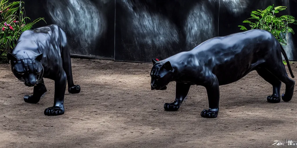 Image similar to the smooth black jaguar, made of smooth black goo, bating in tar in the zoo exhibit, viscous, sticky, full of tar, covered with black goo. photography, dslr, reflections, black goo, zoo, exhibit