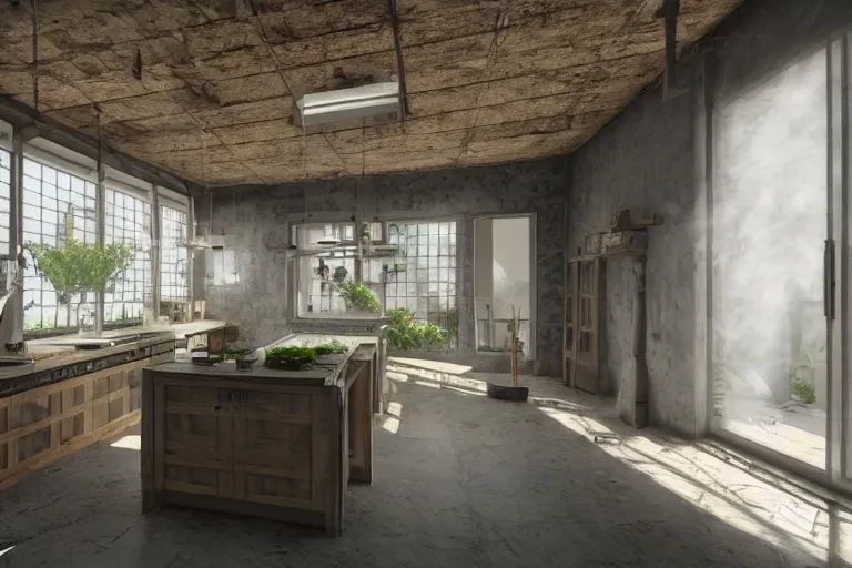 Image similar to ecopunk kitchen, liminal space, high detail, rendered in unreal engine, 3d render, god rays, volumetric lighting, HDR, subsurface scatter, mansion, interior, large windows, rich house