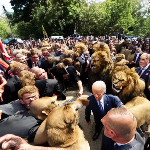 Prompt: a horde of joe bidens chasing after a lion.