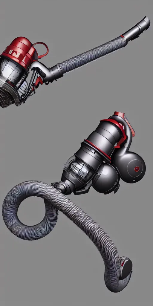 Image similar to insanely detailed product rendering of a vintage dyson vacuum cleaner, corrugated hose, chrome body, in the colors of Audrey kawasaki and style of jeff koons, unreal engine 5, nanite, quixel mixer, trending on behance, corporate 3d