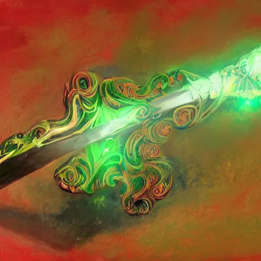 Image similar to Oil painting concept art of a magical acid sword glowing bright green, very intricate hilt, green color scheme, highly detailed concept art.