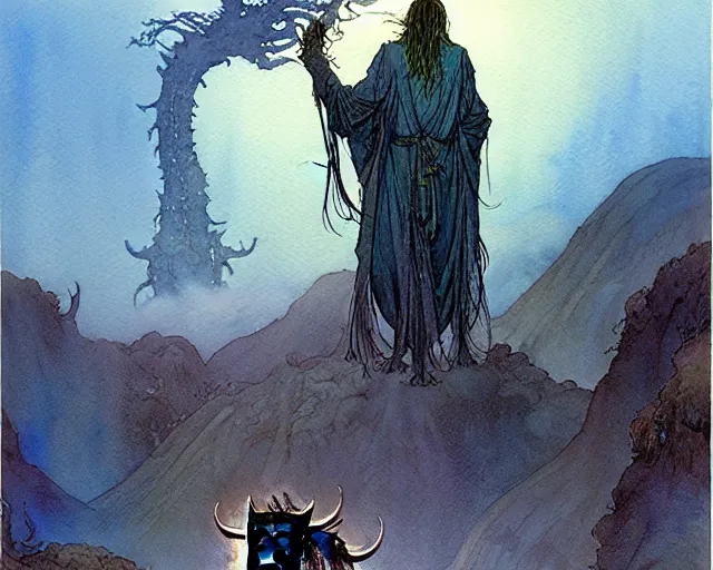 Prompt: a realistic and atmospheric watercolour fantasy character concept art portrait of a 4 0 ft. tall lovecraftian wildebeest wearing a robe and emerging from the mist on the moors of ireland at night. by rebecca guay, michael kaluta, charles vess and jean moebius giraud