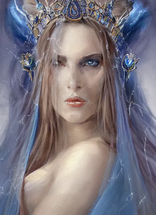 Prompt: portrait of mighty plump female sorceress, blue tiara and veil, lightning halo, strong line, muted color, beautiful! coherent! by brom