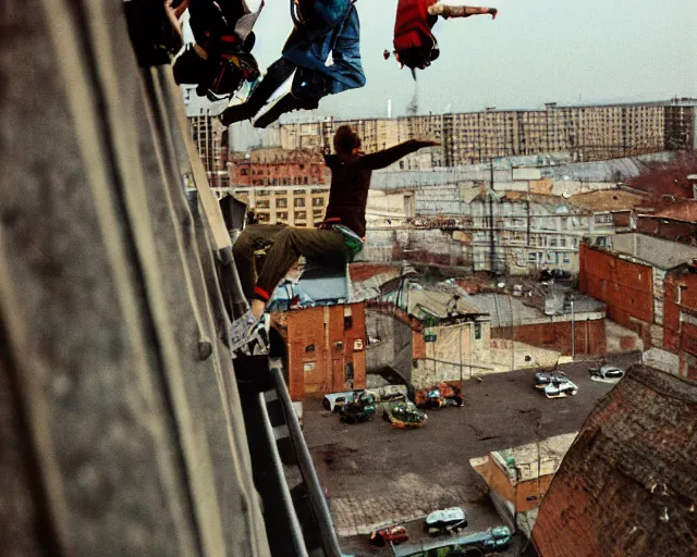 Image similar to lomo photo of roofjumpers climbing on roof of soviet hrushevka, small town, cinestill, bokeh, out of focus