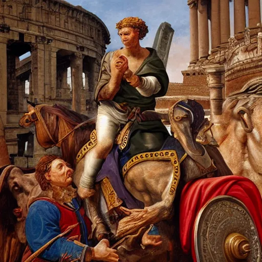 Image similar to Jerma985 in Ancient Rome, detailed, highly detailed, heroic, epic, complex, very detailed, realistic, HD quality, 8k resolution, body and headshot, Oil Painting, Italian Renaissance Painting of Jerma985, Italian Renaissance Painting Style, Renaissance Painting Style, Painting, Trending on Artstation