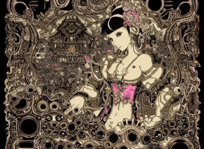 Image similar to baroque rococo bedazzled gothic royalty fractal frames surrounding a futuristic japanese cyberpunk bladerunner silk screen by utagawa yoshiiku, ohara koson, pixiv contest winner, cyberpunk style, horrorcore cyberpunk color scheme, mechanical, robotic, human machine interface, high resolution, hd, bold clear lines