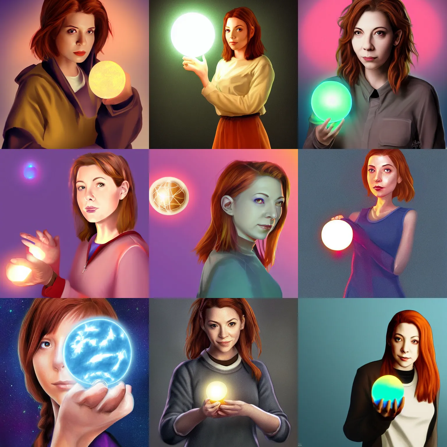 Prompt: Digital art, Willow Rosenberg holds a magical glowing orb, trending on ArtStation