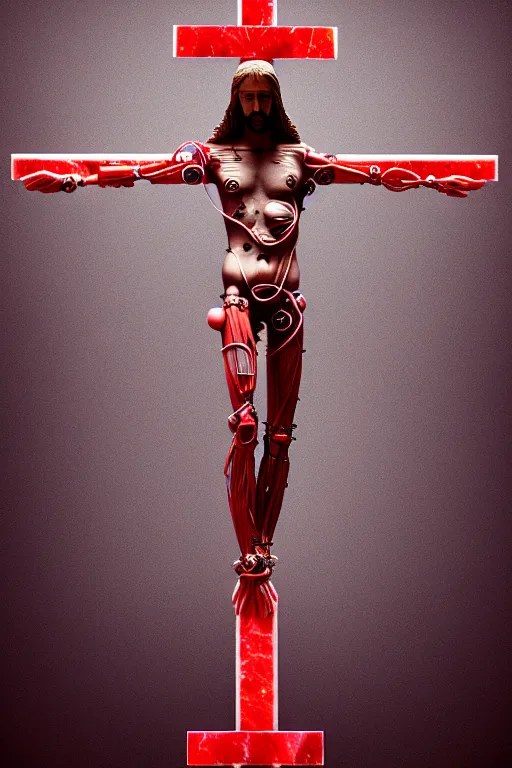 Prompt: a statue jesus on cross made of red marble with wires, tubes, veins, flowers, birds, perfect symmetrical body, full body shot, inflateble shapes, white biomechanicaldetails, wearing epic bionic cyborg implants, masterpiece, intricate, biopunk, vogue, highly detailed, artstation, concept art, cyberpunk, octane render