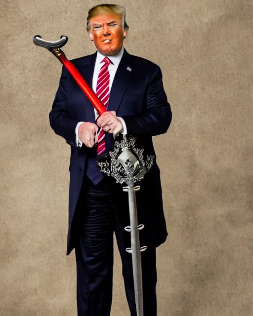 Image similar to a photo of donald trump dressed as a medieval knight. he's holding a longsword. medium shot portrait. dslr photography