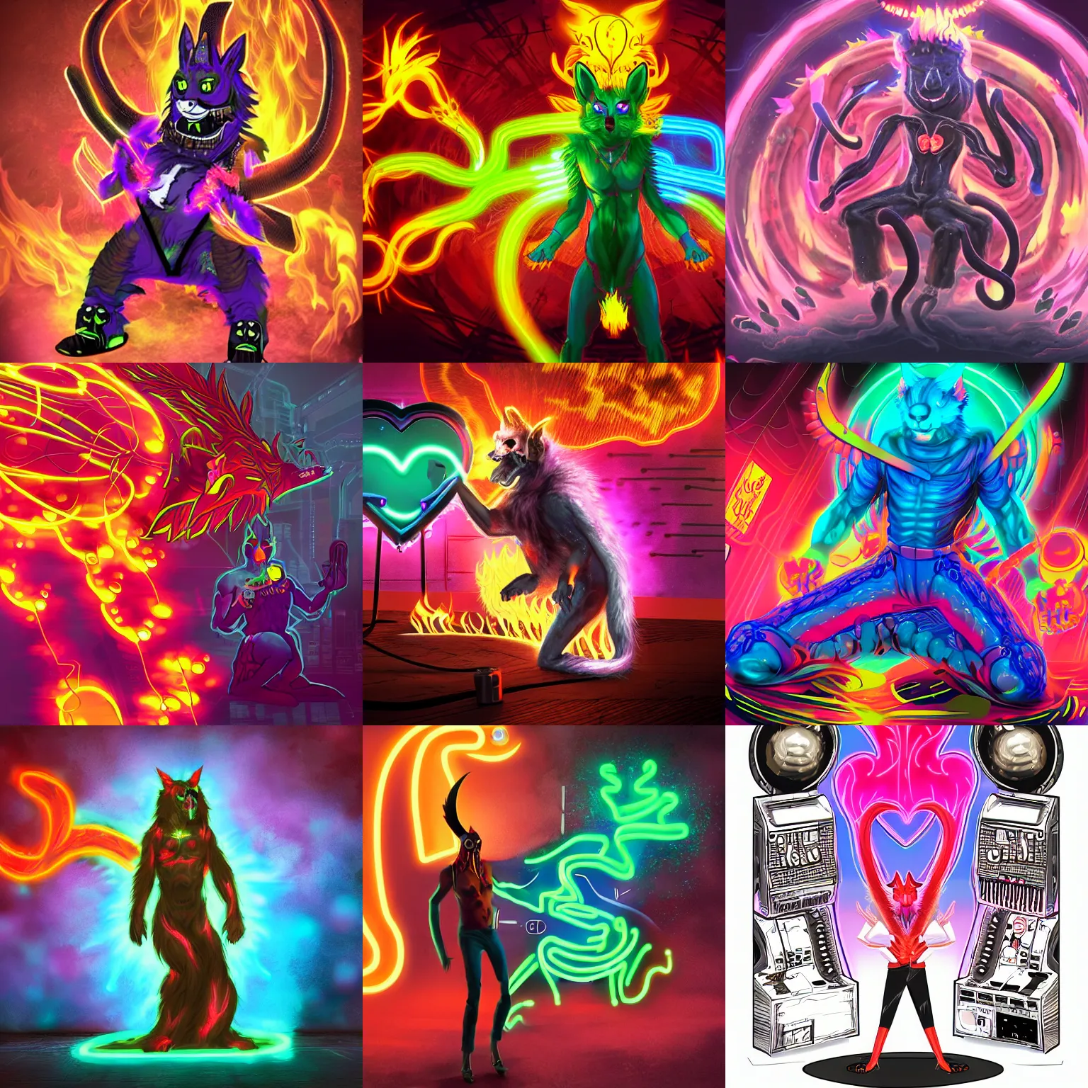 Prompt: sound surgeon of a neon apocalyse, firebrand calling unto the blazing heart, photorealism, a fursona, with tail