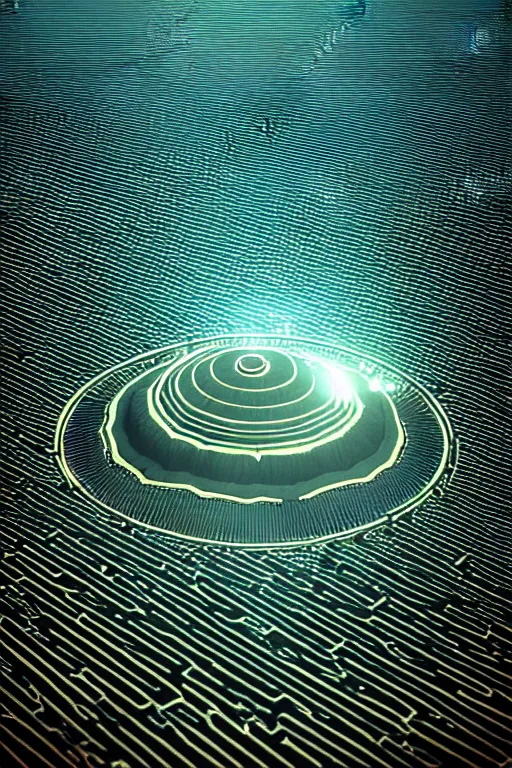 Prompt: isometric view of a shiny metallic glowing UFO hovering over a crop circle of intricate geometric pattern in flattened wheat, Cryengine, hyperrealistic, Artstation