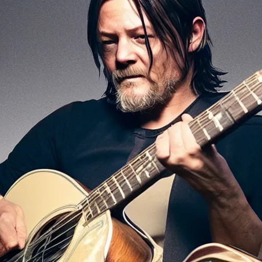 Image similar to norman reedus playing the guitar saying uhhh what wait what huh pham sandwich