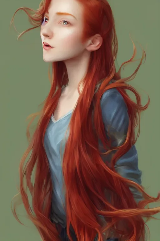 Image similar to beautiful cute red haired joyful and playful nineteen year old maiden standing up in casual green clothing, long hair, attractive face, modern city, rpg character, sci - fi, fantasy, intricate, elegant, digital painting, artstation, concept art, smooth, 8 k frostbite 3 engine, ultra detailed, art by artgerm and greg rutkowski and magali villeneuve