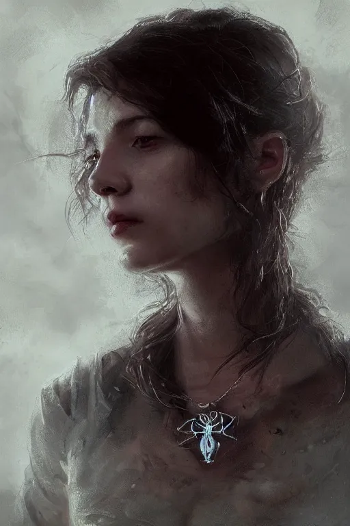 Prompt: A beuatiful portrait of a women wearing a spider pendent by Greg Rutkowski, Sung Choi, Mitchell Mohrhauser, Maciej Kuciara, Johnson Ting, Maxim Verehin, Peter Konig, Resident evil , 8k photorealistic, cinematic lighting, HD, high details, dramatic, atmospheric , trending on artstation