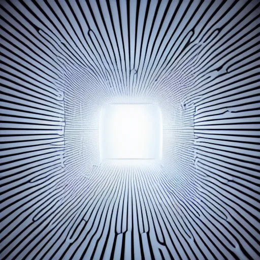 Prompt: inside of blank dark without light endless cube with white neon contours. Realistic Concept Art photography