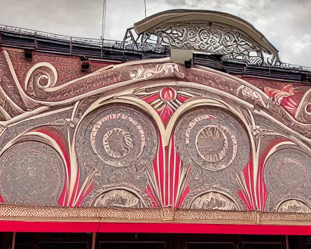 Image similar to photo of an outdoor mural of an opera house from the early 1 9 0 0 s in the style of art nouveau, red curtains, art nouveau design elements, art nouveau ornament, opera house architectural elements, painted on a brick wall, outdoor mural, mucha, masonic symbols, masonic lodge