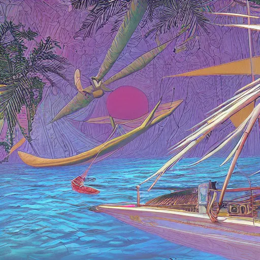 Prompt: Sailing over a jungle by Jean Giraud and Phuoc Quan