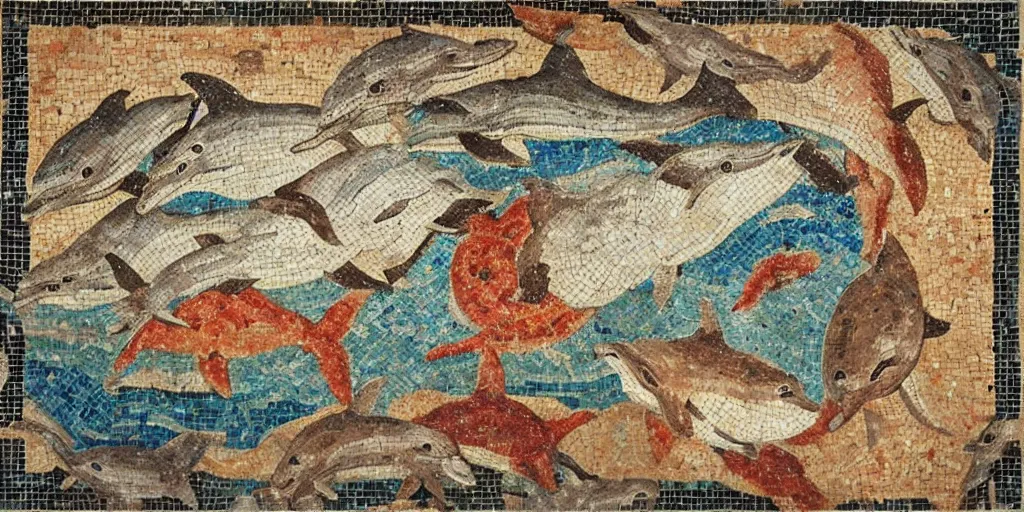 Image similar to roman mosaic on cave wall of sea with dolphins and starfishes, realistic, detailed