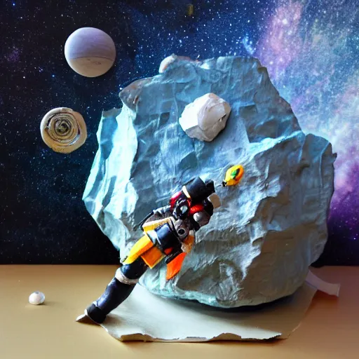 Image similar to a space admiral towing an asteroid, space backdrop, everything made of papier - mache canon 5 d 5 0 mm lens, diorama, newspaper,