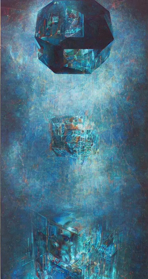 Prompt: a gigantic glowing crystal tesseract orb, high detailed beksinski painting, part by adrian ghenie and gerhard richter. masterpiece, deep colours, blue