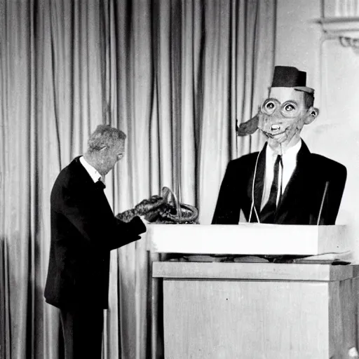 Image similar to puppeteer using marionette of a president in a podium