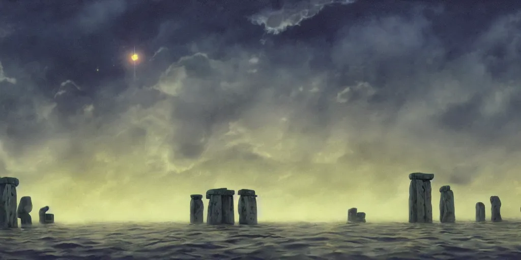Image similar to a realistic cell - shaded concept art from howl's moving castle ( 2 0 0 4 ) of a huge cube from close encounters of the third kind ( 1 9 7 7 ) hovering over a flooded stonehenge. it is a misty starry night. very dull colors, hd, 4 k, hq