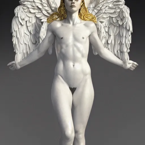 Image similar to a statue made of white marble with gold veins, of an beautiful gorgeous angel girl, full body shot, perfect symmetrical body, perfect symmetrical face, no eyes, hyper realistic, hyper detailed, fujicolor superia 1 6 0 0 photo, by johannen voss, by peter kemp, by monia merlo, by michelangelo octane render, blender, 8 k