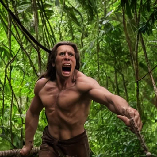 Prompt: Tarzan wearing t shirt and screaming, film still, potrait, Cinematic scene, Hollywood standard , hd , 8k, focus detailed, best ai image, perfect photo