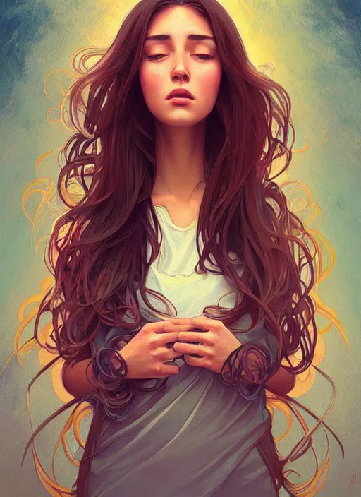 Image similar to handsome young women with shoulder length brown hair, half body shot, path traced, highly detailed, high quality, digital painting, alena aenami, lilia alvarado, shinji aramaki, karol bak, alphonse mucha, tom bagshaw