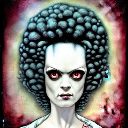 Image similar to bride of frankenstein in the style of nicoletta ceccoli, mark ryden, lostfish, earl norem, surrealism, dark art by james jean, takato yamamoto