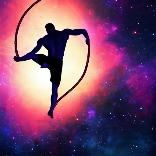 Prompt: athletic man doing a pullup using gymnastic rings, silhouette, long shot, in a cosmic nebula background, matte colors, dramatic, inspiring digital art trending on artstation