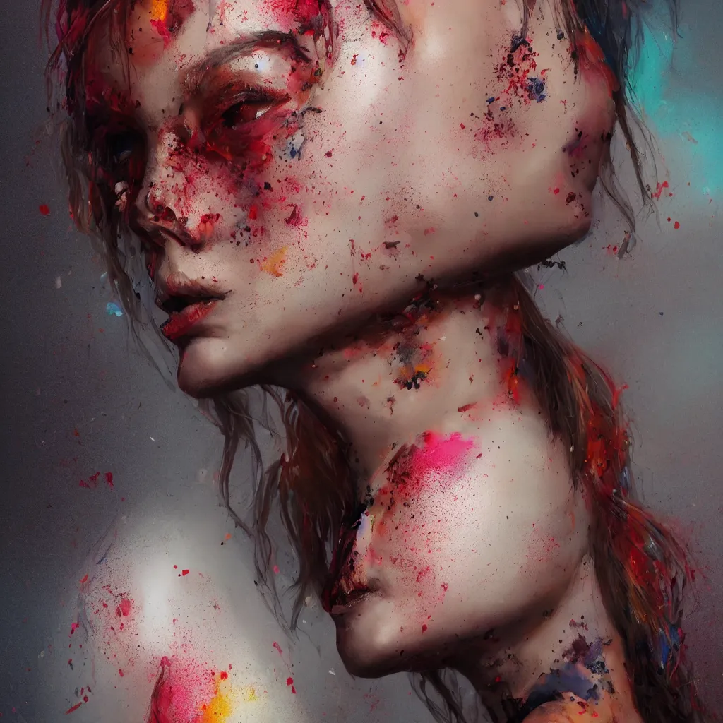 Image similar to , side portrait of one female artist, dark warm workshop atelier with canvases, moody, warm light, multicolor paint splatters on skin, cyborg hands, artstation, octane render, concept art