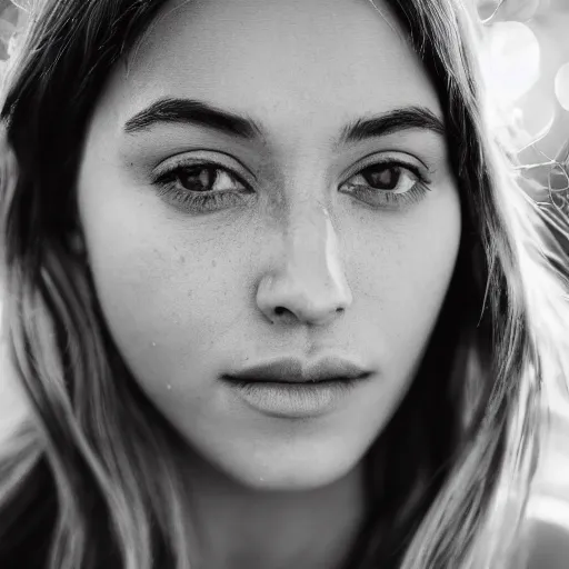 Prompt: closeup photo of a beautiful woman face, golden hour, 8 0 mm lens, bw photo